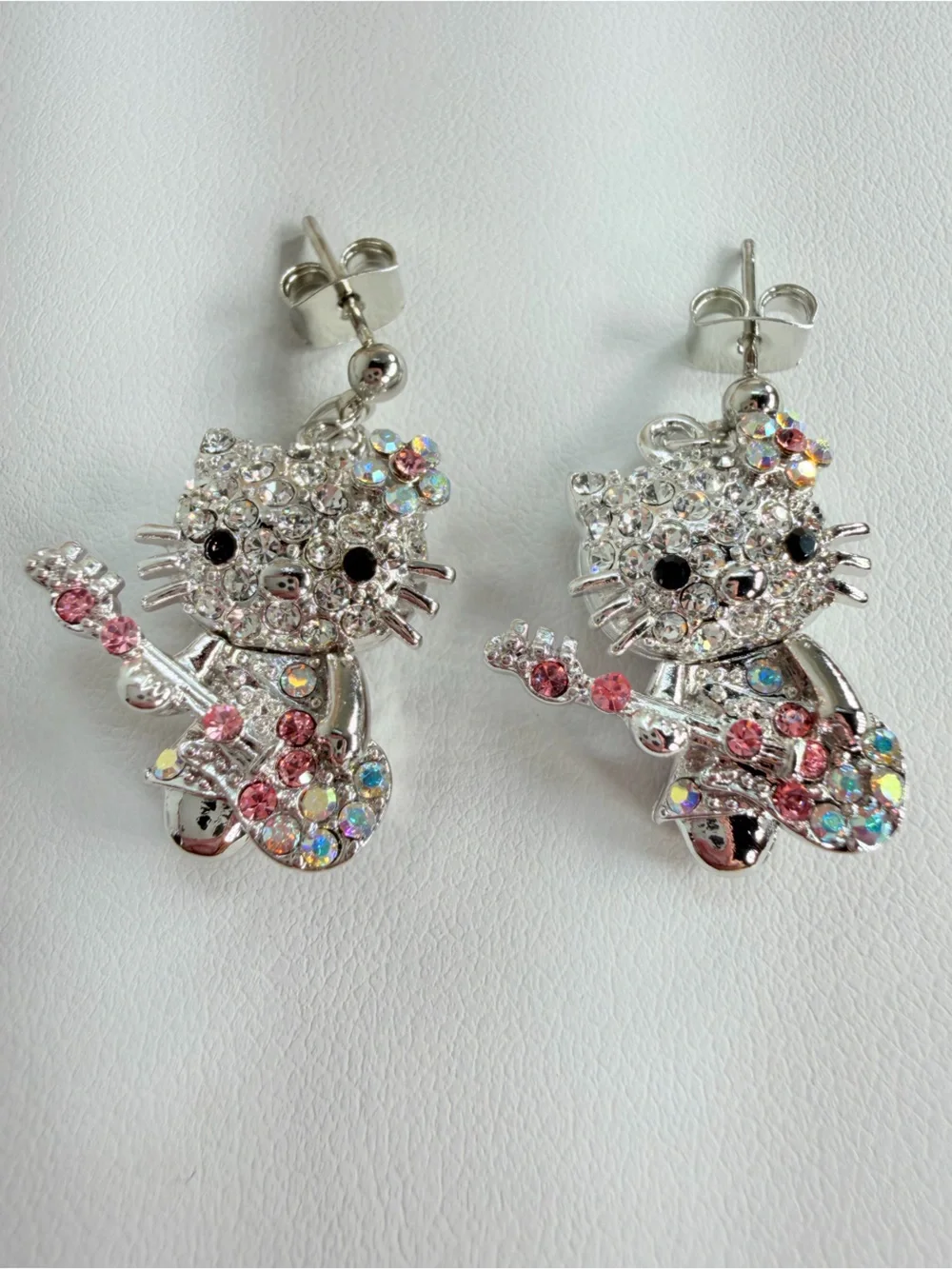 Crystal Cat Guitar Drop Earrings - Pink & Iridescent